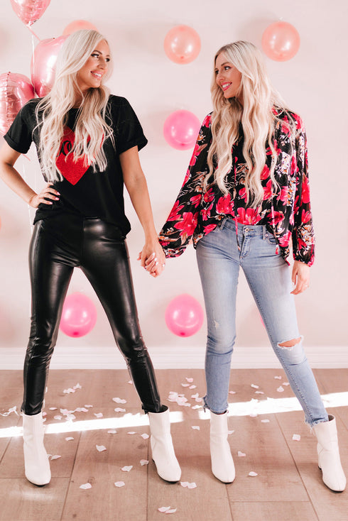 Black Love Heart Shaped Glitter Print Short Sleeve T Shirt